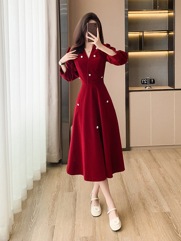 法式复古酒红敬酒服新娘订婚高级感回门礼服裙气质轻奢连衣裙日常|undefined