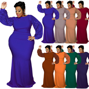 218229 cross-border large size women's clothing wholesale supply long sleeve Bead Dress Autumn Amazon new product source factory