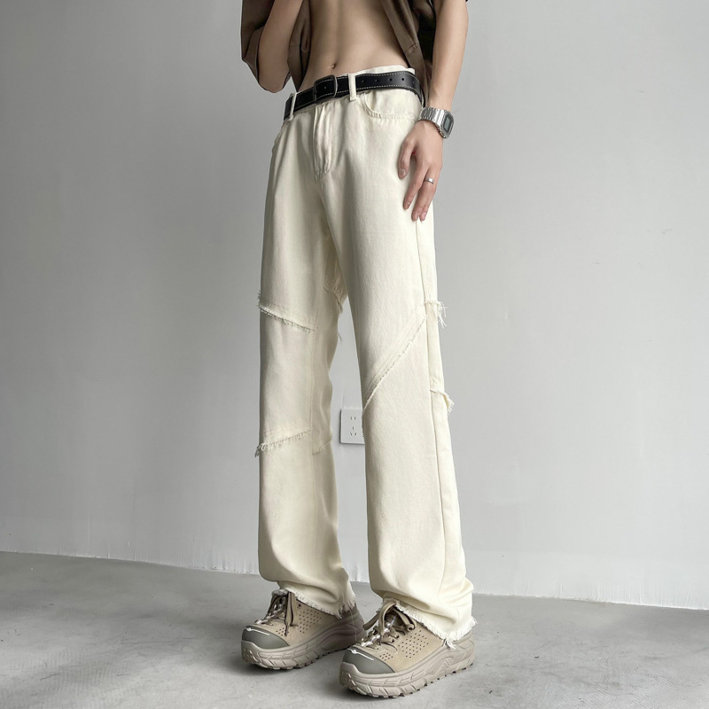 Jeans de empalme masculinos primavera y otoño piernas anchas sensación de colgar pantalones rectos sueltos nicho sensación de diseño de estilo americano de alta calidad