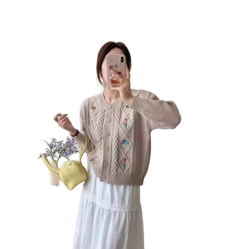 秋冬新复古麻花针织开衫女重工花朵清新温柔宽松减龄毛衣外套秋装|undefined