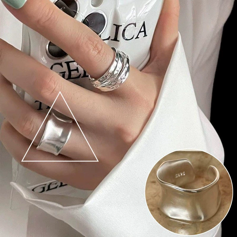 retro fashionable geometric ring hip-hop style, silver 925 sample, on index finger