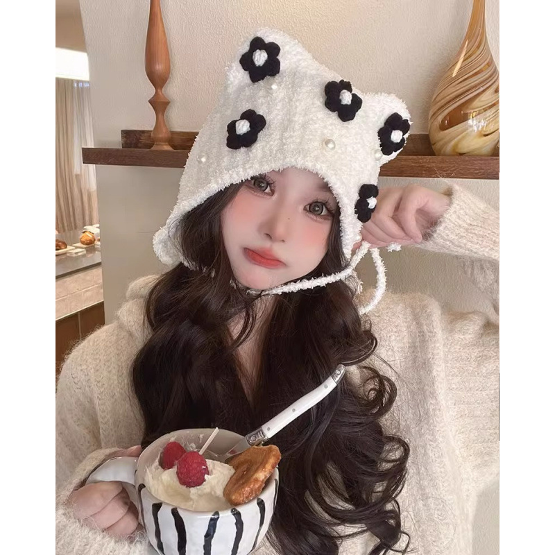 Coreano encantador sombrero de protección de orejas Leifeng sombrero mujer otoño invierno caliente sombrero de punto hecho a mano sombrero de protección de orejas sombrero de lana