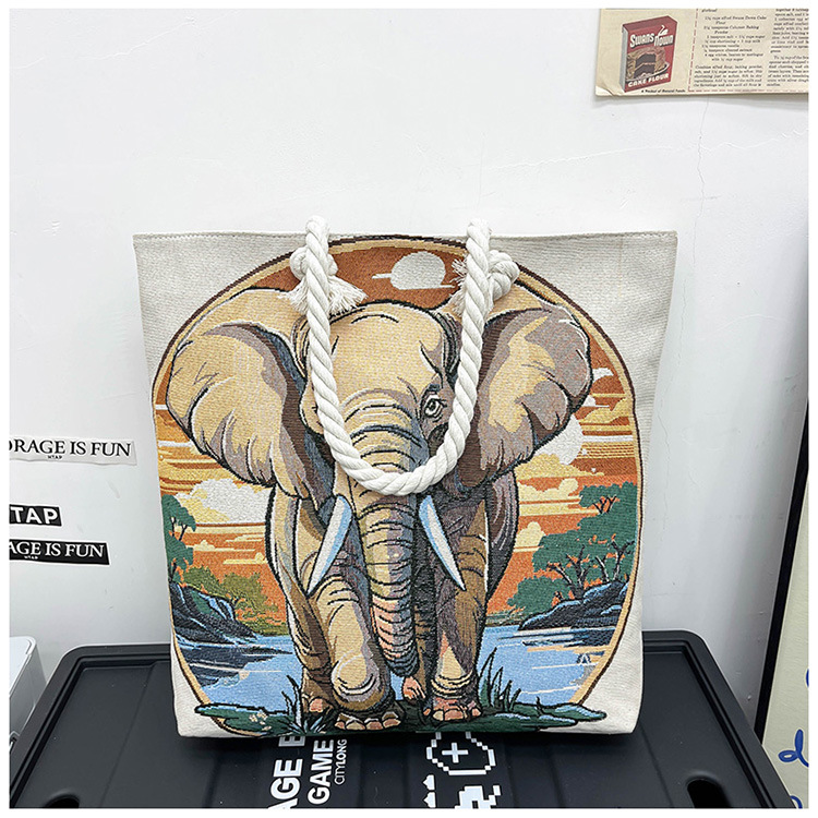 300g Weight Polyester Lining Material Zipper Closure Type Single Shoulder Strap Strap Type Tote Bag Bags Type Holiday, Travel Occasion Canvas Material Elephant Pattern All Seasons Season Women's Gender Ethnic Style, Classic Style Style Square Shape Medium Size Women's Medium Canvas Elephant Ethnic Style Classic Style Square Zipper Tote Bag 34