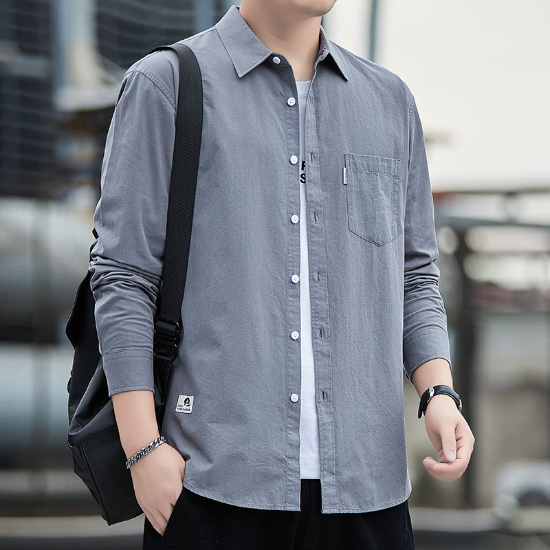 Spring and Autumn New Men's Cotton Long-sleeved Shirt Hong Kong Style Casual All-match Solid Color Work Shirt Jacket Korean Style Trendy