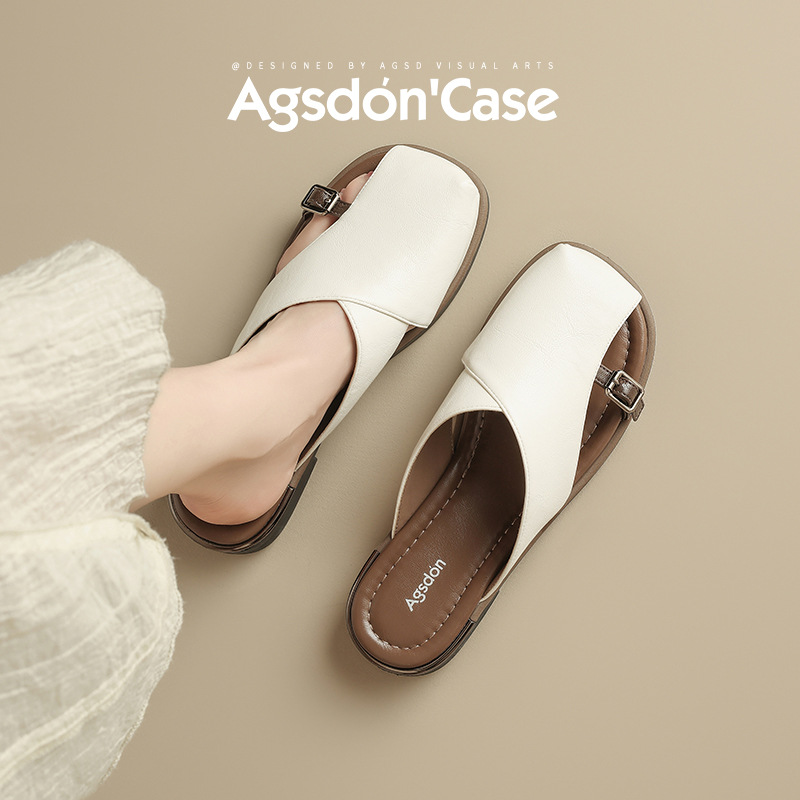 Auguin Shideng pantuflas mujer 2025 nuevo estilo de verano, sandalias de media arrastre Baotou, hermosas sandalias planas con falda