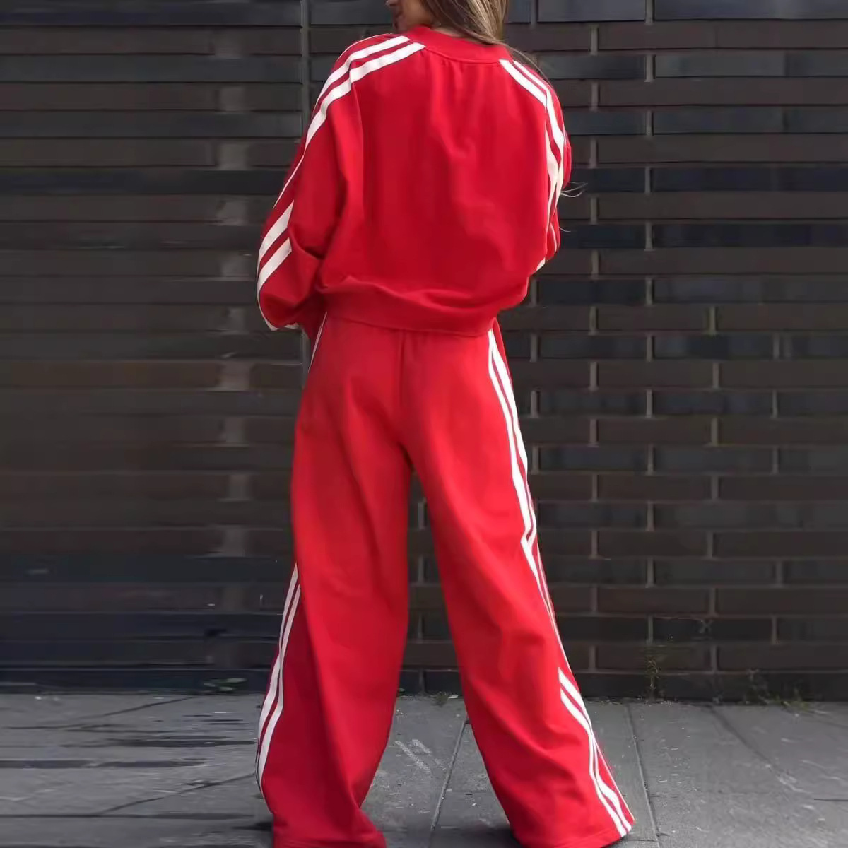 Casual V-Neck Striped Sweat & Wide Leg Pants Two-Piece Set