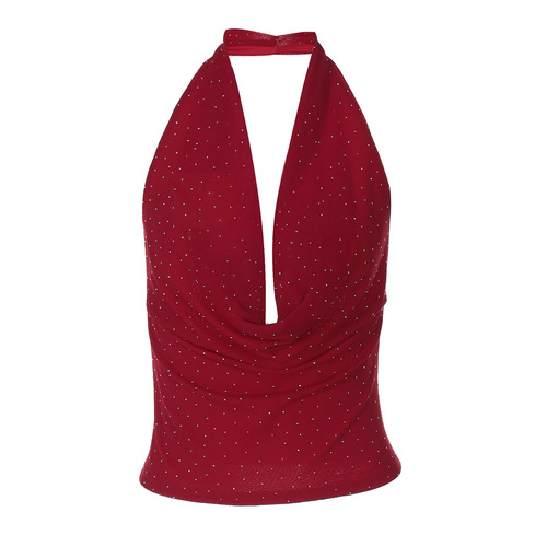 2025 Summer Fashion Women's Hot Girl Style Deep-V Rhinestone-Embellished Backless Halterneck Slim-Fit Tube Top