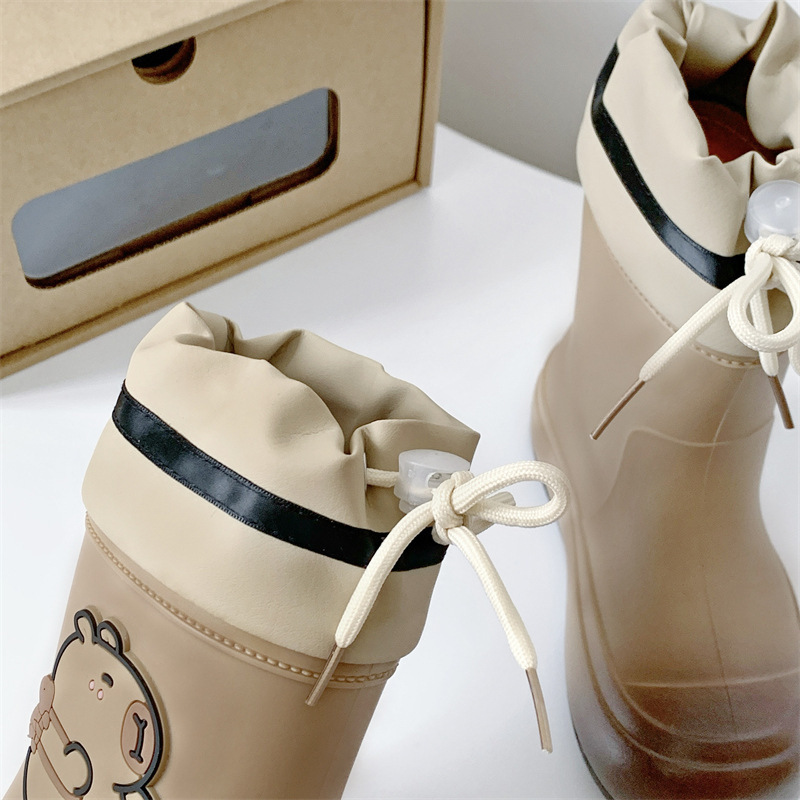 Kapibala Rain Boots with Drawstring, Non-Slip, Warm Family Rain Boots for Middle-Aged and Older Children, School Water Boots, Student Rain Boots, Women's Models