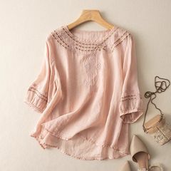 中国風の綿とリネンのトップス女性のハイエンドレトロルーズ大きいサイズ刺繍 Tシャツ夏の新しい薄い半袖シャツ