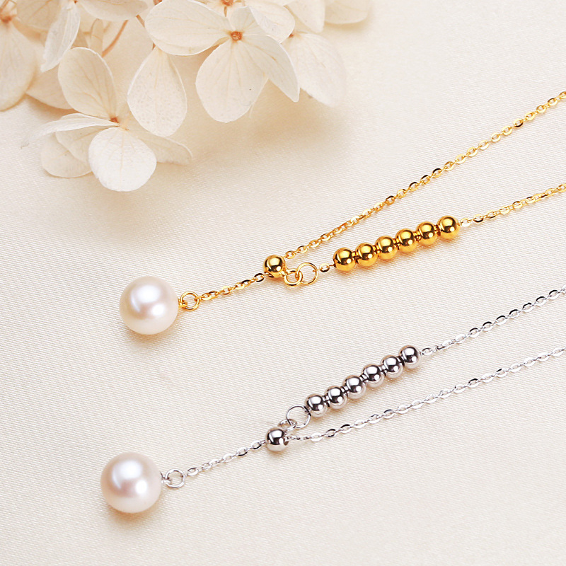 Wholesale jewelry 7mm round pearl S925 silver necklace Y chain pearl necklace clavicle chain freshwater pearl necklace 
