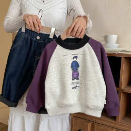 男童卡通小人卫衣童装2025冬季新款中小童韩版插肩袖加绒潮酷衣服