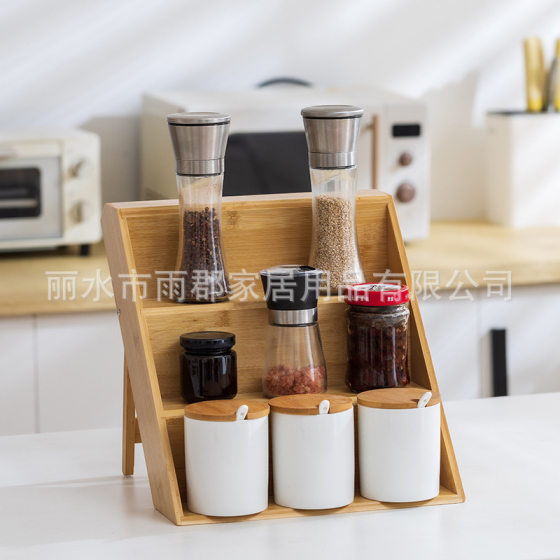 Bamboo Multi-layer Seasoning Kitchen Storage Rack Desktop Spice Stepped Wooden Bottle Storage Arrangement Display Rack