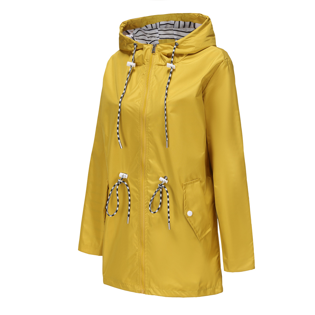 2024 New Long sleeved Anti splash Mid length Windbreaker Hooded Striped Raincoat Large Women's Wear_voghion.com
