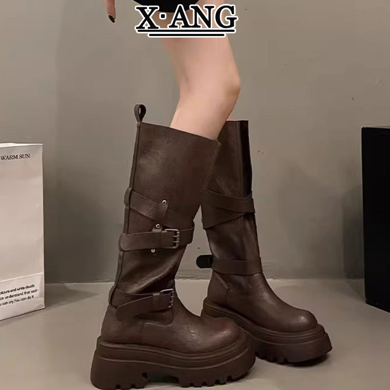 牛皮版厚底增高小个子棕色长筒靴女不过膝骑士靴高筒靴西部牛仔靴|undefined