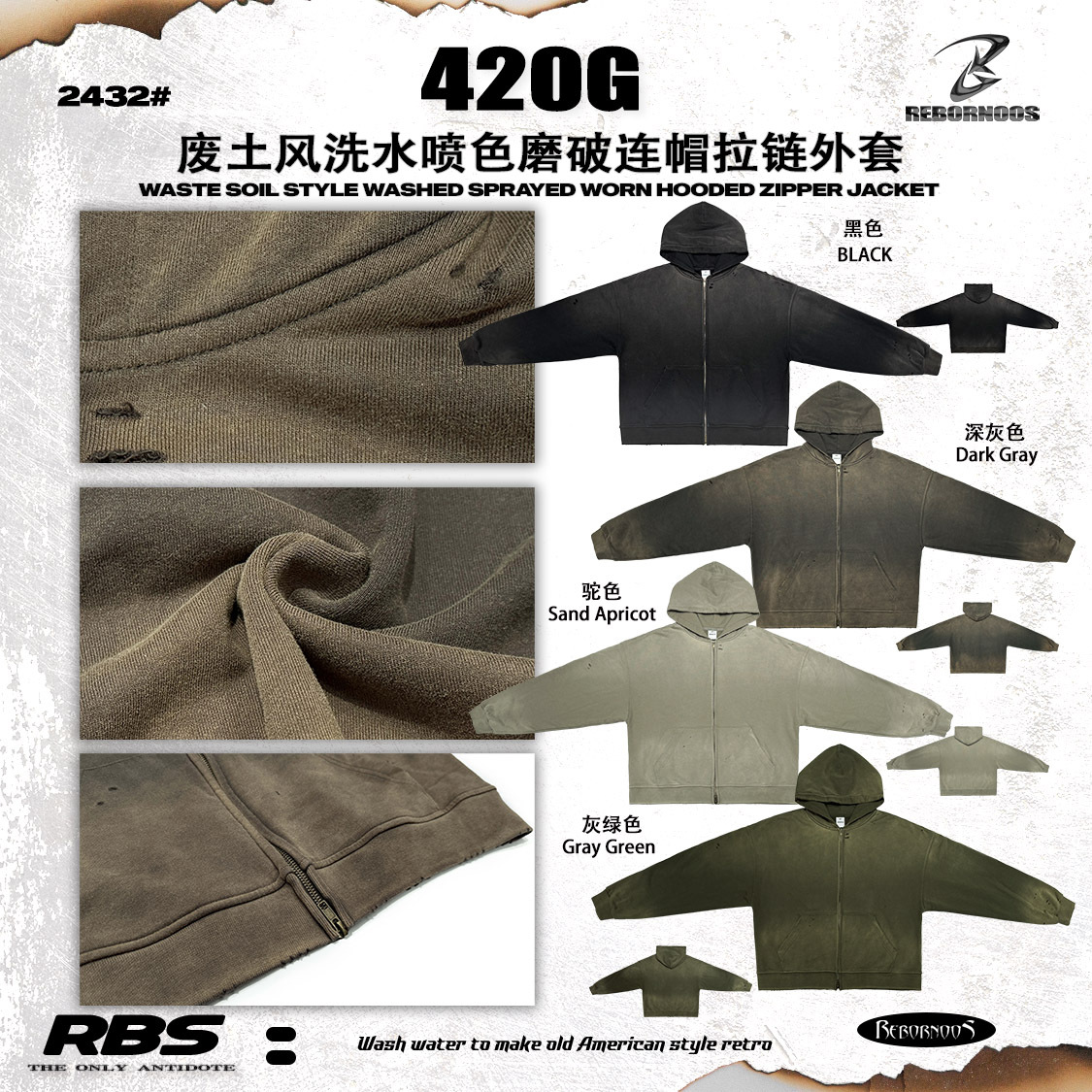 RBS | 420g 헤비웨이트 순면 스웨트셔츠 남성용 아메리칸 웨이스트랜드 스타일 워싱 빈티지 지퍼 스웨트셔츠 찢어진 후드티