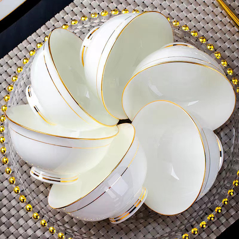 High-End Bone China Bowl, Ceramic Bowl, Household Anti-Scalding Tall Bowl, Eating Bowl Set, Noodle Bowl, Rice Plate, High Aesthetic Value