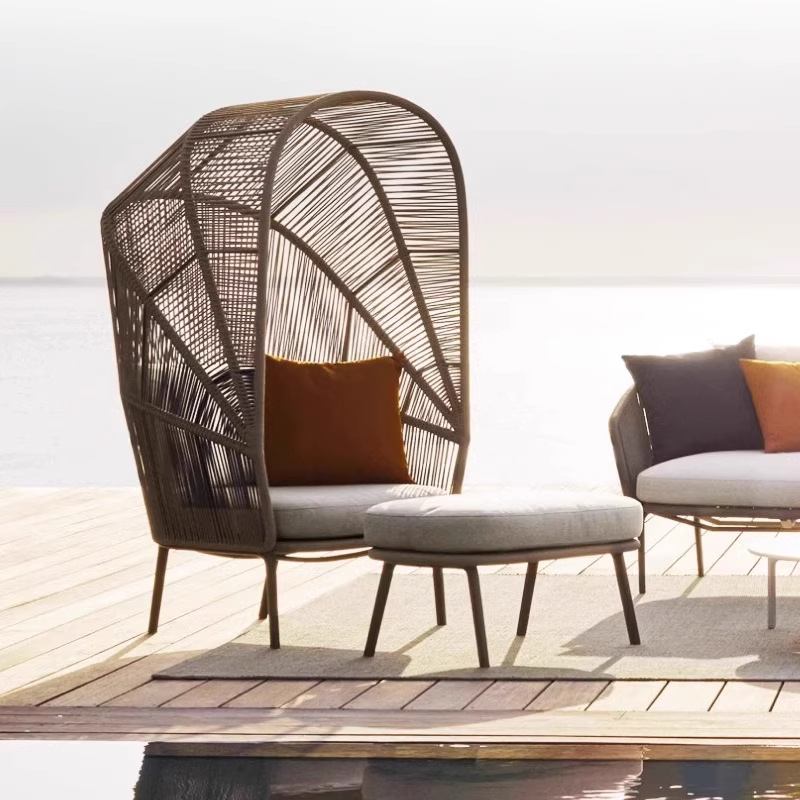 Sofá de caña al aire libre nórdico patio impermeable silla de caña solar mesa de té combinación de tejido al aire libre ocio creativo sillón reclinable