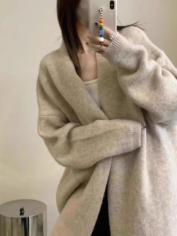 クロスボーダーの香風が膝を越えた中のロングニットのカーディガンの女性服はゆったりとしていて、柔らかくて、優しい純色のセーターのコートです。|undefined