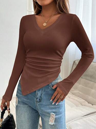 European and American Spring and Summer New V-Neck Shoulder-Strap Dual-Wear Design Sensory Fitted Pleated Irregular Long-Sleeve T-Shirt