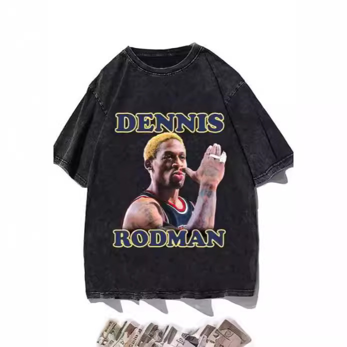 Rapper Dennis Rodman Printed Men's T-Shirt Harajuku Hip Hop Washed Short Sleeve T-Shirt