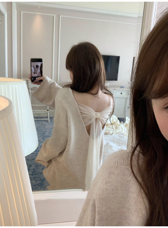 【背影杀】2025露背蝴蝶结外穿针织毛衣女秋冬慵懒风宽松上衣|undefined