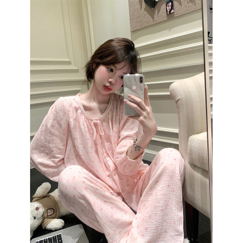 2025 甜美粉色少女蕾丝拼接花边家居服睡衣套装|undefined