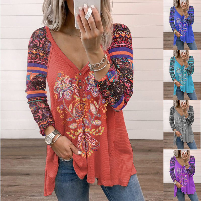 2023 Europe and the United States cross-border wish foreign trade autumn and winter women's V-neck pullover printed long sleeve loose T-shirt women's top