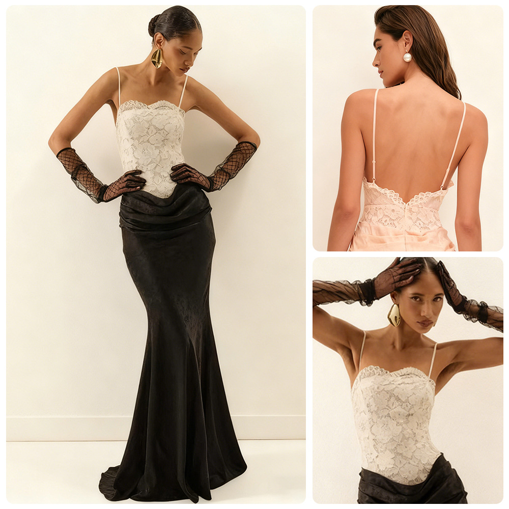 Cross-Border 2025 Gentle Lace Suspender + Satin Fishtail Long Skirt Banquet Evening Ladylike Dress Suit