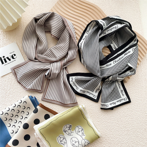 Long silk scarf for women, suitable for spring and autumn, stylish all-season scarf, narrow and long style hair tie, bag strap, temperament suit belt, fluttering scarf