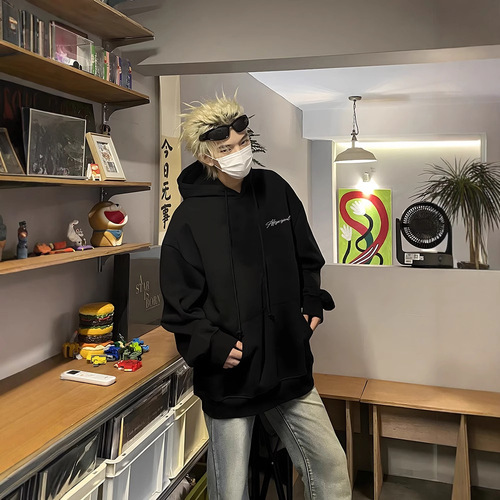 Black Letter Print Heavyweight Sweatshirt Men's American Streetwear OOTD Outfit Autumn/Winter Outerwear Oversize Hooded Sweatshirt