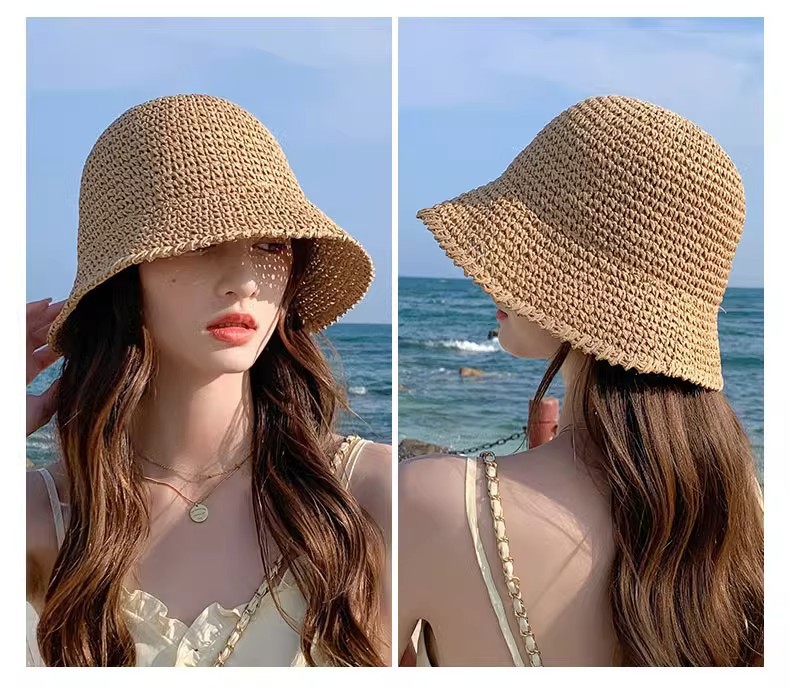 امرأة عطلة شاطئ بحر اللون الصامد جديلة طنف كبيرة قبعة دلو قبعة من القش display picture 1