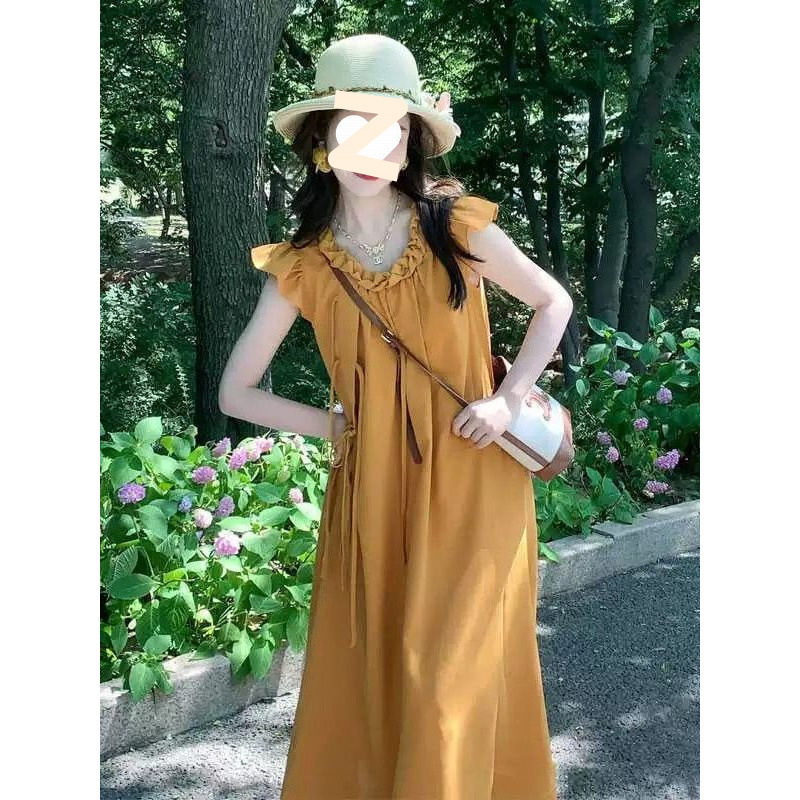 女性のための黄色のフライングスリーブドレス 2025 夏の新しいスタイルフレンチビーチ休暇ルーズ痩身ミディスカート|undefined