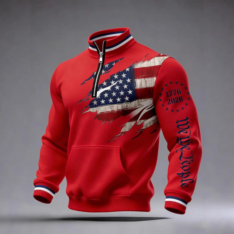 American-Style European and American Cross-Border 350g Men's Half-Zip Sweatshirt 250Th Anniversary Edition with Flag Print Casual Top American-Style European and American Cross-Border 350g Men's Half-Zip Sweatshirt 250Th Anniversary Edition with Flag Print Casual Top