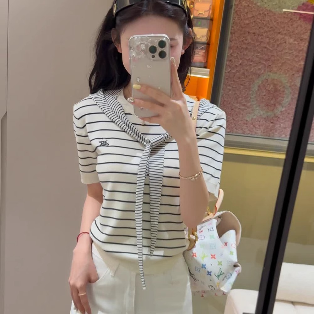 Áo thun nữ tay ngắn dệt kim phong cách Hàn Quốc kèm khăn choàng — sọc chi tiết 3