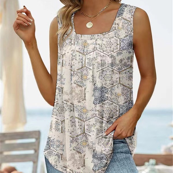 2024 Amazon new wish European and American explosions summer sleeveless square collar printed vest T-shirt cross-border foreign trade women