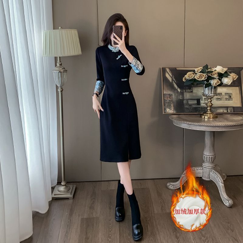 新中式国风复古连衣裙女秋冬显瘦气质感开叉加绒打底卫衣裙子|undefined
