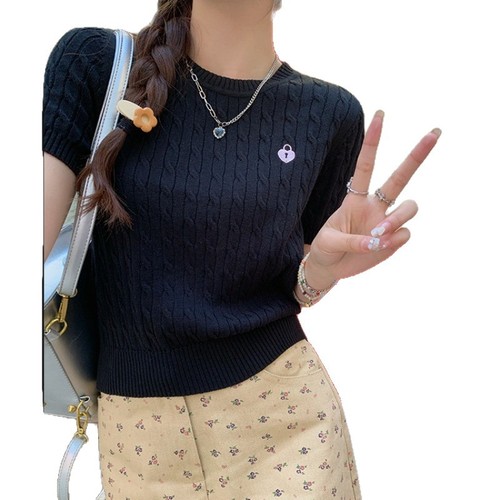 Women's Summer New Slimming and Body-Concealing Casual Yellow Crochet Vintage Short-Sleeve Knit Top