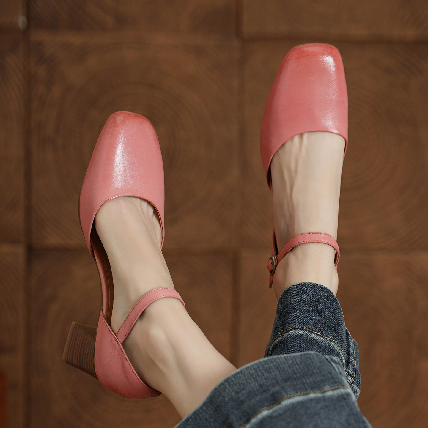 Giày sandal cao gót nữ quai ngang mũi vuông gót 6 cm — Màu hồng