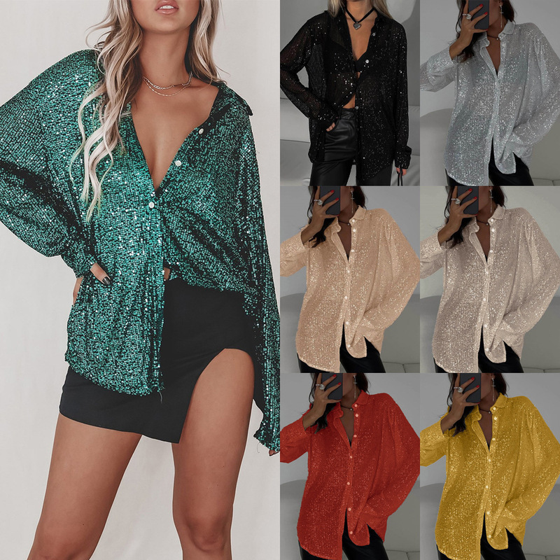 2025 Spring and Summer European and American New Sequin Tops Lapel Long-Sleeved Cardigan Basic Cross-Border Women's Shirt Jacket