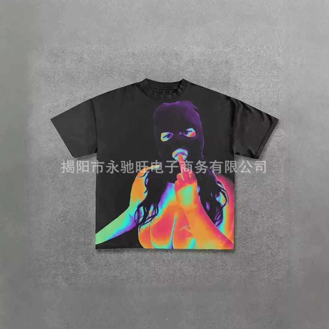 欧美朋克嘻哈T恤蒙面大版印花T恤Y2K风男子女孩哥特特式短袖上衣