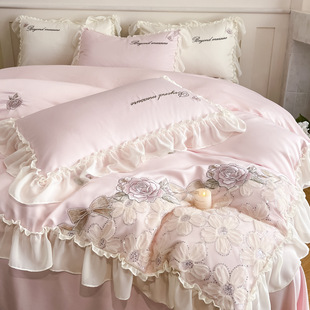 Summer Ice Silk Cool Four-Piece Set, Light Luxury High-End Washed Tencel Bed Sheetss, Embroidered Quilt Cover, Princess Style Bedding