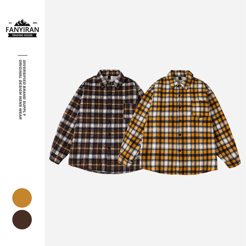 Angn American Retro Brushed Long-Sleeved Plaid Shirt for Men and Women, Spring and Autumn Casual Loose Shirt Jacket Trendy Ck885