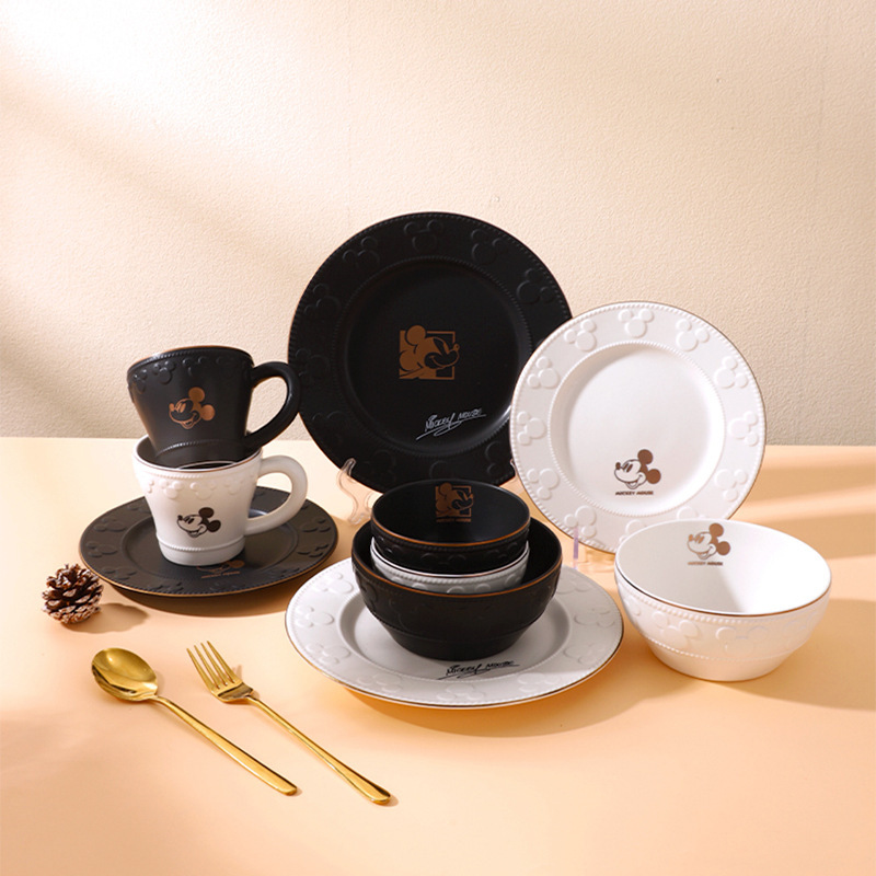 Disney/Disney Luxury Embossed Bowl, Plate, and Cup Set with High Aesthetic Value, Household Ceramic Bowl Set