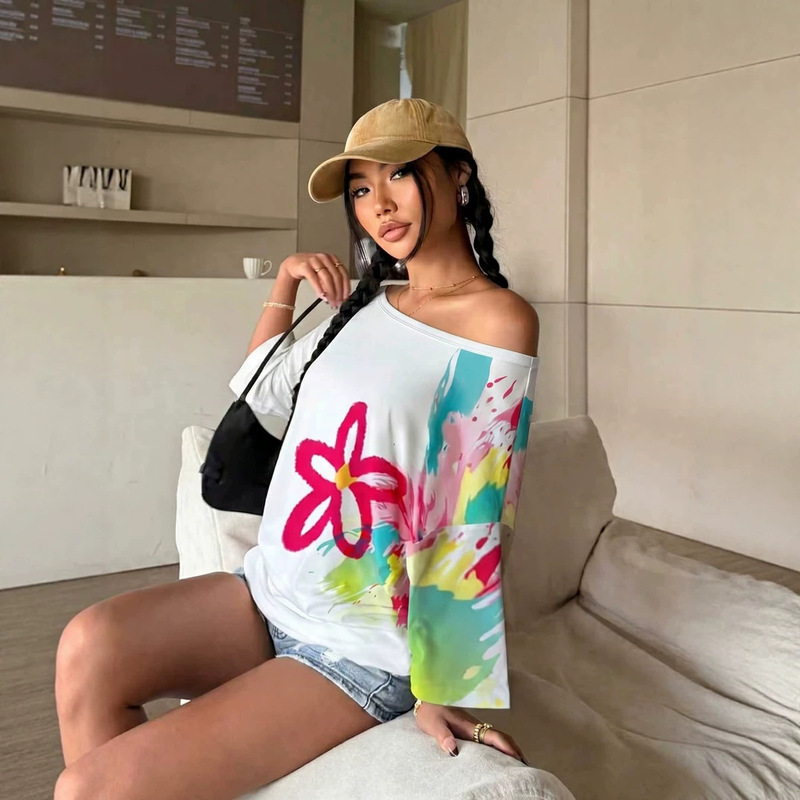 Cross-border ink-splattered floral off-shoulder long-sleeve T-shirt, casual loose-fitting top Cross-border ink-splattered floral off-shoulder long-sleeve T-shirt, casual loose-fitting top