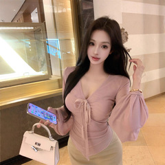 纯欲风粉色v领系带网纱长袖T恤女秋季辣妹收腰显瘦修身气质上衣
