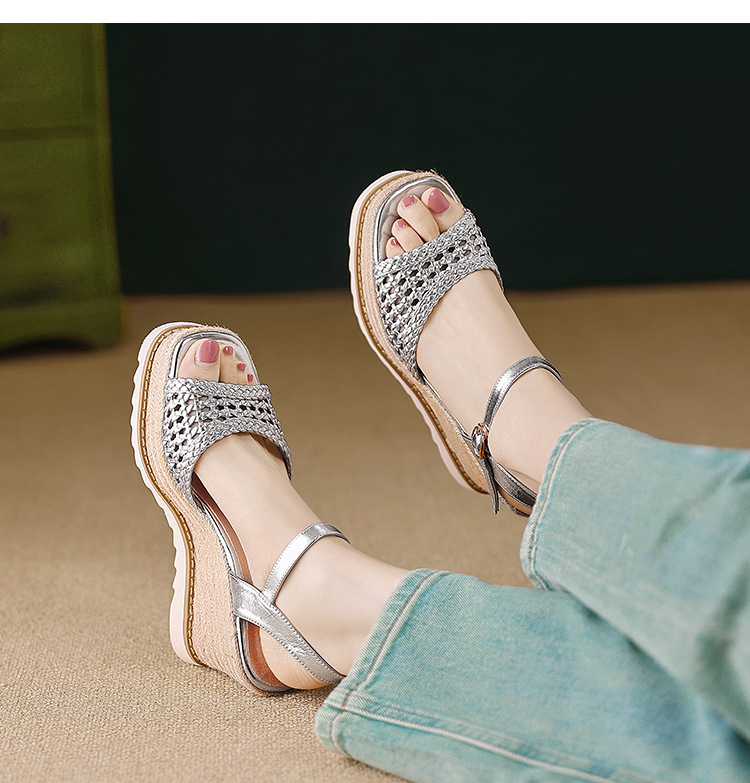 Sandal cao gót nữ mũi vuông hở ngón, đế xuồng đan rơm, gót 9 cm — màu vàng, bạc chi tiết 6