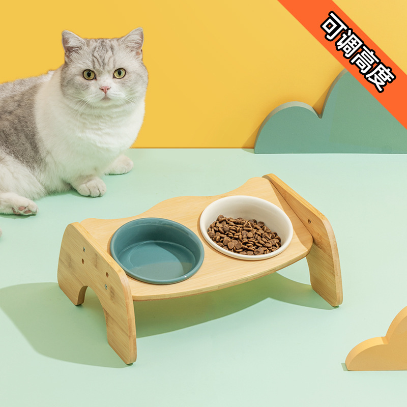 Cuenco de gato de cerámica cuenco de perro doble cuenco oblicuo protección de la boca vértebra cervical cuenco de comida para gatos antidetonante para mascotas al por mayor