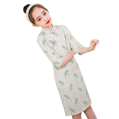 Green floral Cheongsam qipao for girls children's wear daily cheongsam modified printing nail bead cheongsam skirt hanfu tang suit for baby