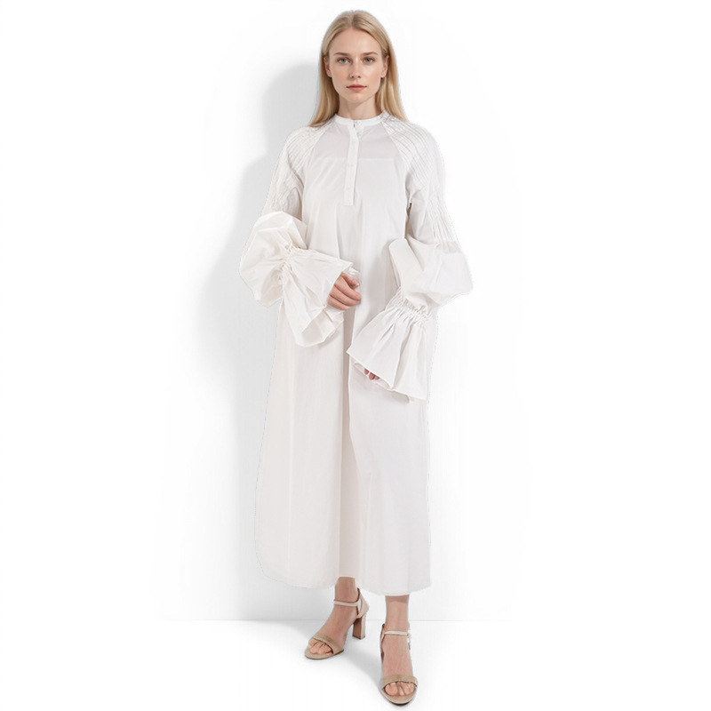 Super Long Puff Sleeve French Shirt dress Women's Elegant Simple Design Profile White Long Dress Lazy Style New