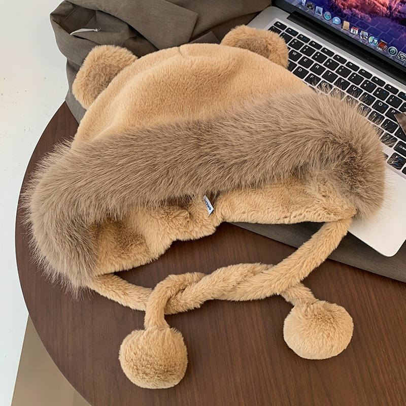 Estilo coreano lindo oso oído suéter sombrero femenino Otoño e Invierno artístico sombrero de felpa forrado de lana engrosada al aire libre a prueba de frío orejeras sombrero